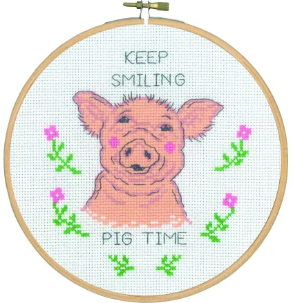 Permin Borduurpakket Keep smiling pig time Ø18