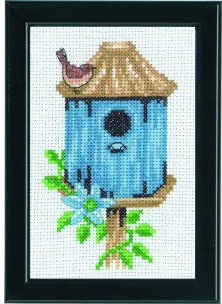 Permin Borduurpakket Vogelhuisjes Blauw 9x14cm