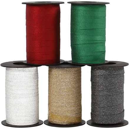 Cadeaulint, assorti kleuren, B: 10 mm, glitter, 100 m/ 5 st.