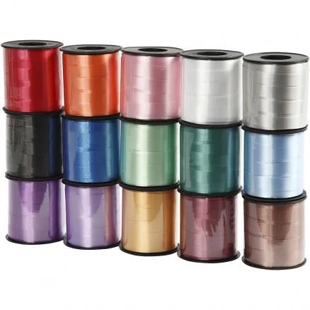 Cadeaulint, assorti kleuren, B: 10 mm, glanzend, 50 m/15 st.